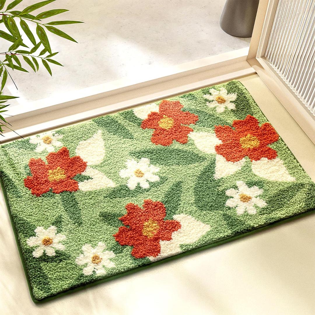 Bath Mat, Flower Pattern Bath Mats for Bathroom, Non-Slip, Machine Washable, Fit Under Door, Absorbent Bath Rugs, Shower Outside, Home Decor Accessories. (16"x24") (Red Flowers and Green Leaves)