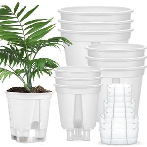 Wonderjune Self Watering Pots for Indoor Plants with Deep Reservoir and High Drainage Holes for Outdoor Plants and Flowers, Bare Root Planter(4.72'', 5.91'', 7.09'',White,9 Pcs)