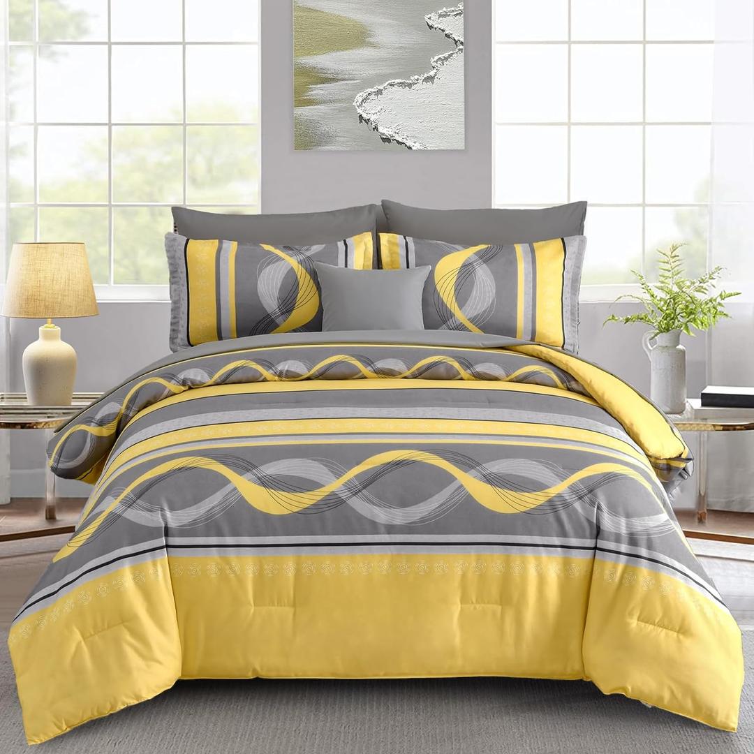 Anibedding Yellow Comforter Set King Size,8 Pieces Bed in a Bag Patchwork Striped Bedding Sets,Boho Soft Microfiber Bedding Set for All Season(104"90")