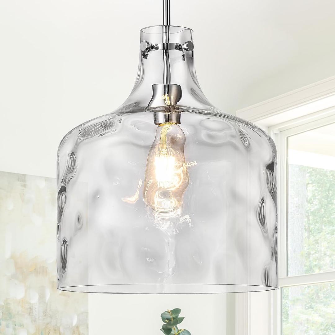 Farmhouse Pendant Light – Hand-Blown Clear Hammered Glass Shade, Chrome Finish, Adjustable Chain Hanging Fixture for Kitchen Island, Dining Room & Hallway, 15" H x 12" D