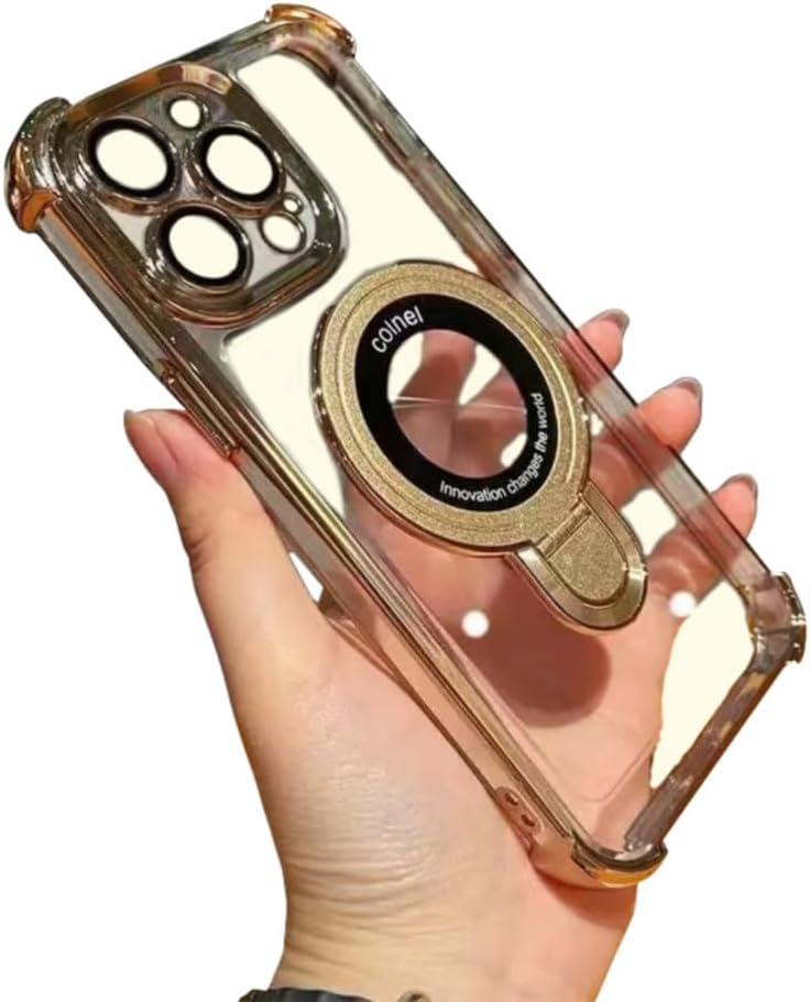 Piegricdiat Magnetic case for iPhone 13 pro Max with Full Camera Lens Protection(Compatible with MagSafe),Military Shockproof Slim Electroplate Bumper Clear Cover Built-in Invisible Ring Stand, Gold