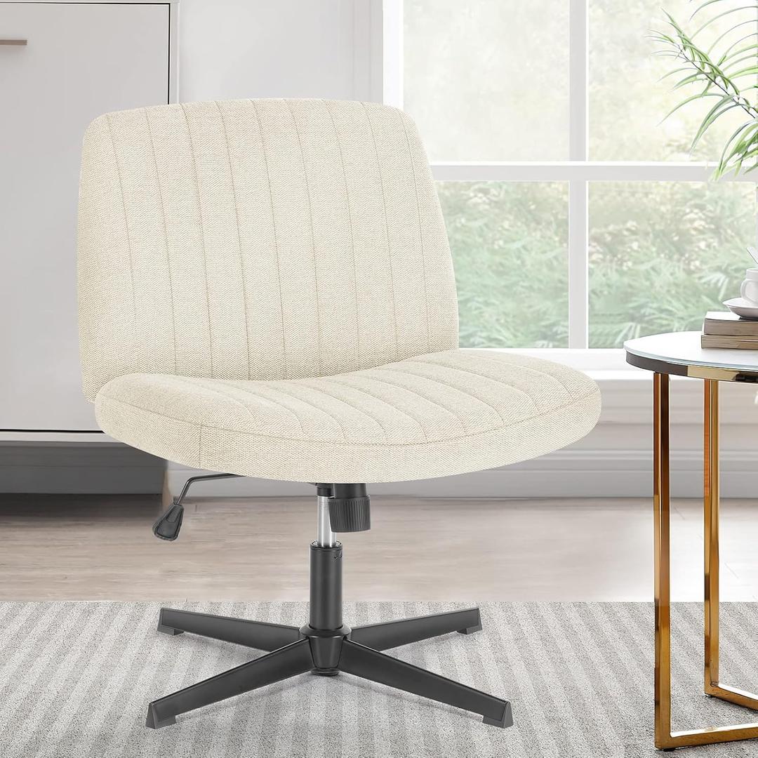 Sweetcrispy Criss Cross Chair Legged, Armless Office Wide Desk Chair No Wheels, Swivel Vanity Height Adjustable Fabric Modern Computer Task Seating for Home - Pearl White