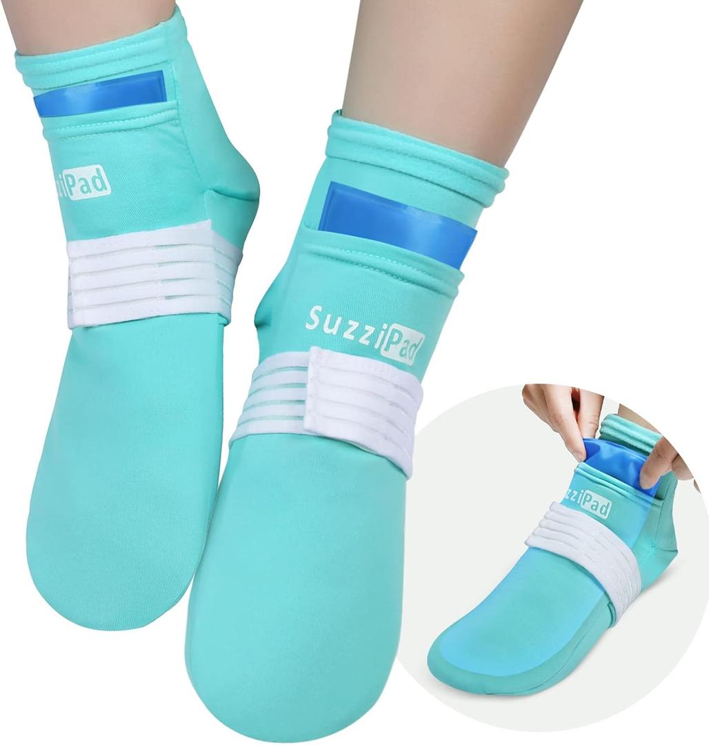 SuzziPad Upgraded Cold Therapy Socks with 6 Gel Packs & Compression Strap, Foot Ice Pack Wrap for Chemotherapy, Cooling Sock for Feet (L)