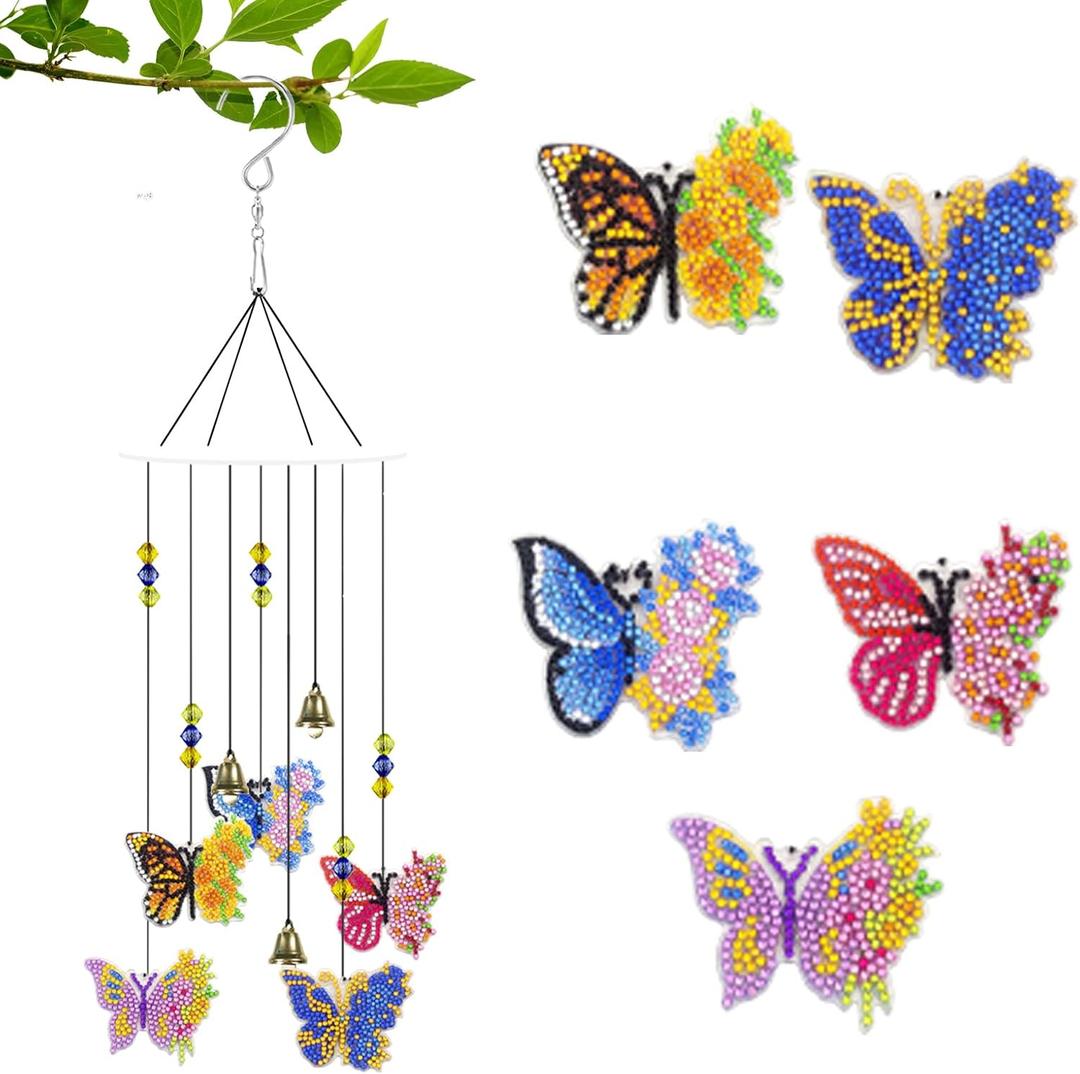 Boqin Diamond Painting Wind Chimes - Diamond Arts and Crafts Gifts, Art Wind Chime Kit Double Sided 5D Butterfly and Hummingbird Hanging Ornament, DIY Crystal Wind Chimes (Butterfly)