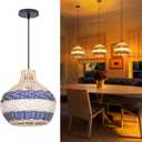 9.8" Rattan Woven Pendant Light, Adjustable Coastal Lamp Shade, Farmhouse Small Chandelier Vintage Hanging Lighting Fixture for Kitchen Island Bedroom Dining Living Room