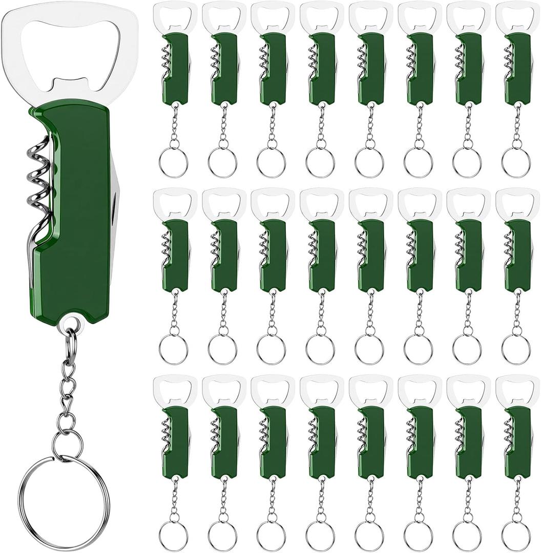 Ziliny 24 Pcs Bottle Opener Keychain Bulk Wine Bottle Beer Opener Keychain 3.27" Stainless Steel Corkscrew Waiter Corkscrew Wine Keyring Gifts for Christmas Bar Party Wedding Home (Green)