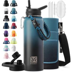 DYSANKY 40 oz Insulated Water Bottle | Thickened Stainless Steel Vacuum Metal Portable Sports Water Jug for Gym and Hiking with Straw, Carrier Bag, Handle Strap | BPA-Free 40 oz, Indigo Black