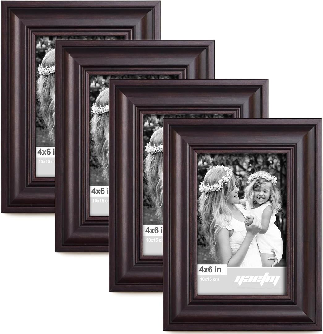 Yaetm 4x6 Picture Frame Set of 4, 1.4 Wide Molding & Dark Brown Photo Frames with HD Tempered Glass, Display on Tabletop & Wall Mounting, Brown