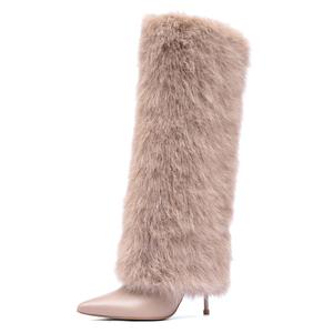 NEWBELLA Women's Faux Fur Knee High Boots, Pink US 7