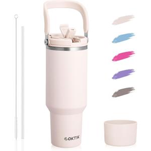 COKTIK 40 oz Tumbler with Handle and Straw, Double Insulated Tumblers with Flip Straw and Top Handle, Leakproof Tumbler, Stanley Cup, Insulated Water Bottle (Rose Quartz)