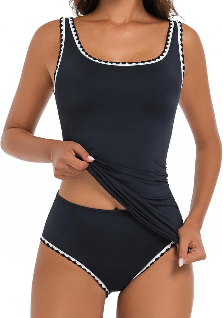 Women's Swimsuit Tankini Tummy Control Bathing Suits Two Piece Modest Swim Suits High Waisted Shell Stitch Swimwear (Gray, L)