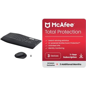 Logitech MK850 Performance Wireless Keyboard and Mouse Combo + McAfee Total Protection 2024 Ready | 3 Devices | 15 Month Subscription | Cybersecurity Software