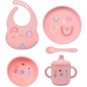 silicone baby feeding set, Baby Led Weaning Supplies Cutlery Feeding Supplies, Baby Utensils Feeding Essentials for Starting Solids5 Piece Set (Pink)