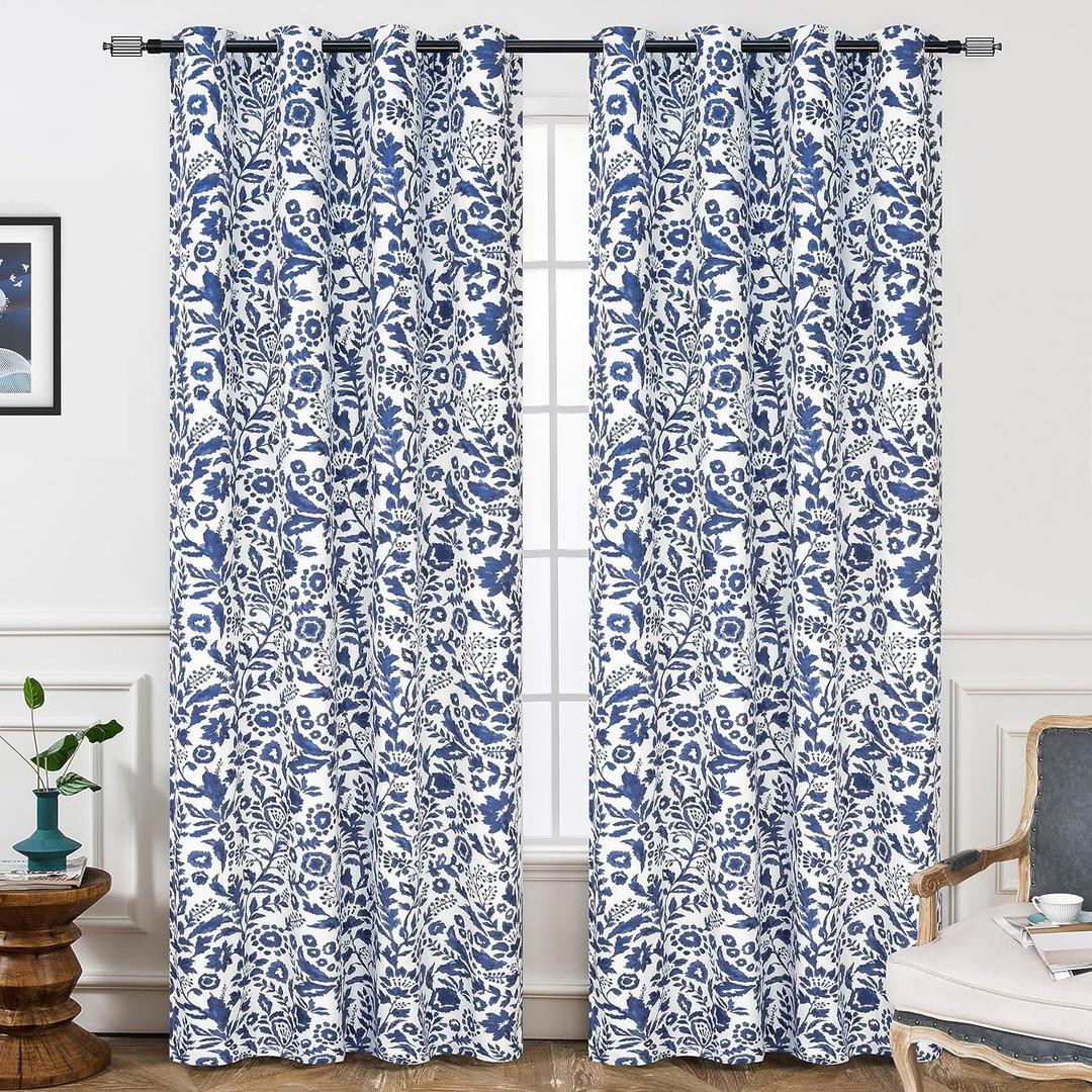 DriftAway Julia Watercolor Blackout Room Darkening Lined Thermal Insulated Energy Saving Window Curtains 2 Layers 2 Panels Each Size 52 Inch by 102 Inch Navy
