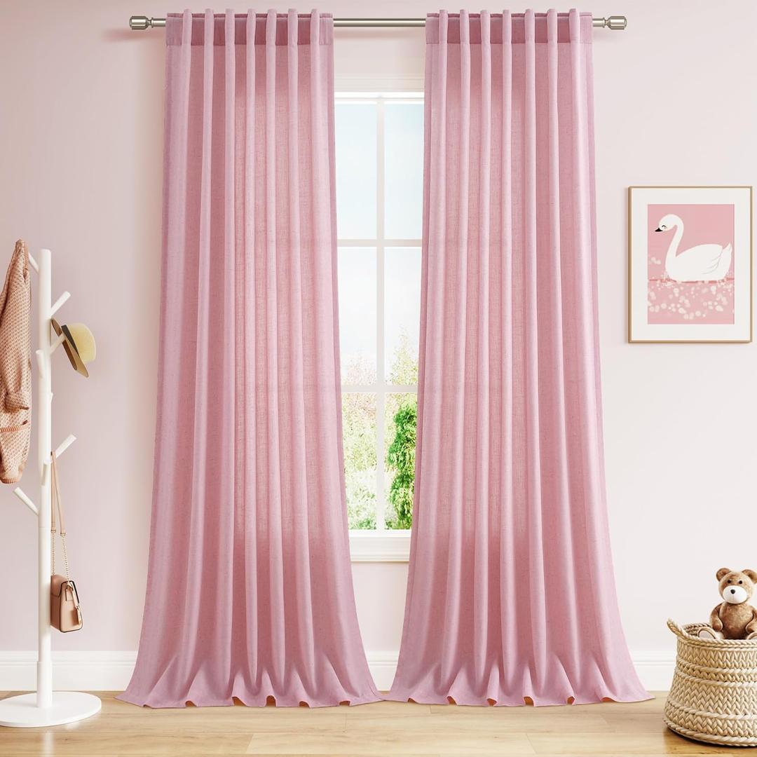 Rose Linen 96 Inch Long Curtains Panels 2 Panel Set with Back Tab Rod Pocket Semi Sheer Light Filtering Boho Aesthetic Style Room Decor Burlap Look Curtain for Bedroom and Living Room 52x96 Inch