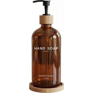 Amber Glass Hand Soap Dispenser Bathroom Set by Brighter Barns - Hand Soap Dispenser for Kitchen Sink & Bathroom - Bamboo Glass Bottle with Tray - Modern Home Decor for Spa, RV, Fitness Center (Amber)