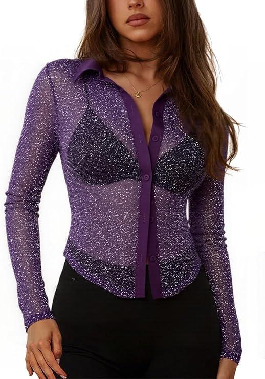 ZANZEA Women's Sexy Mesh Shirt Sheer Button Up Blouse See Through Long Sleeve Crop Top, Size Small