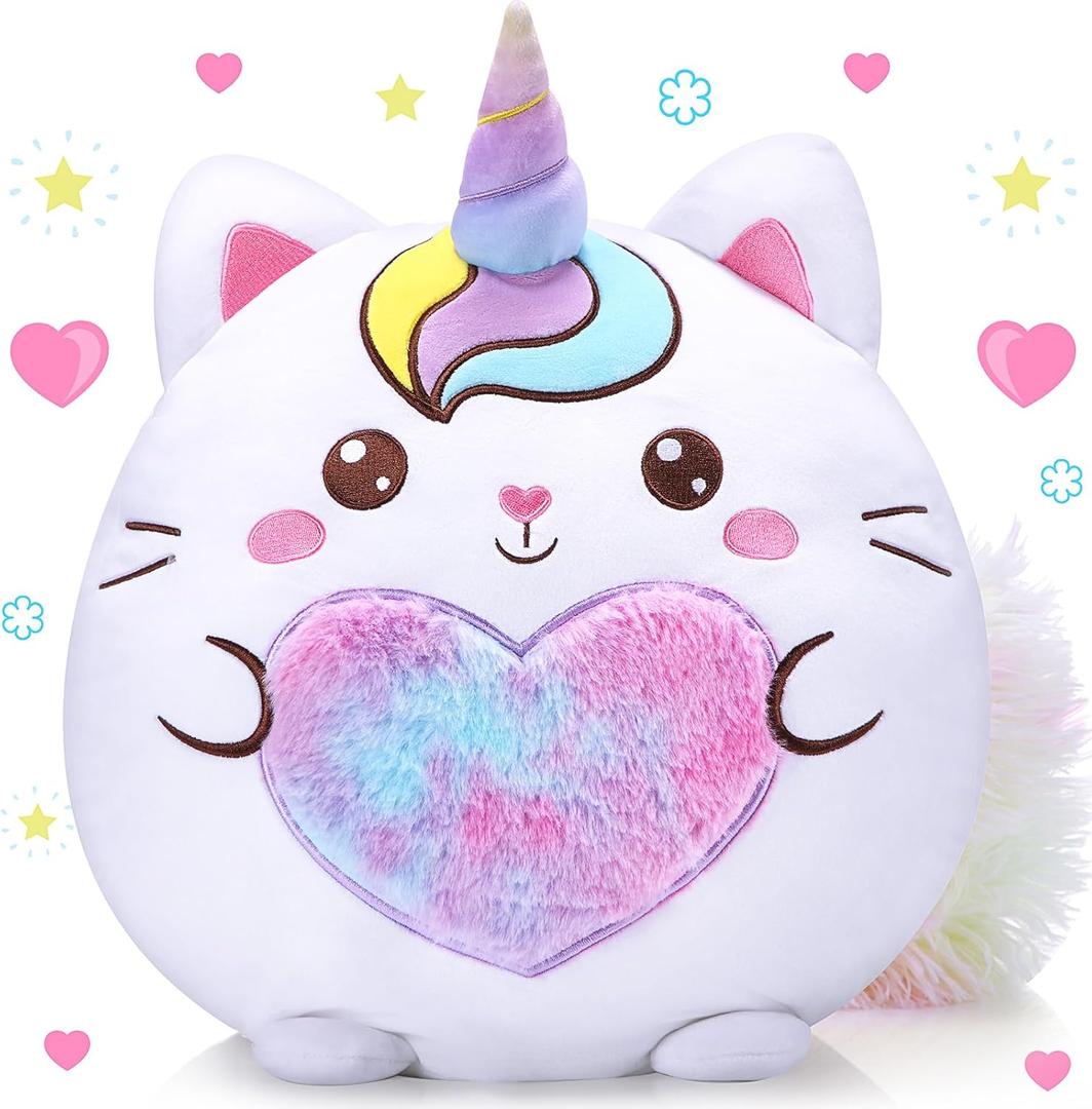 Leyndo Cute Caticorn Plush Pillow 14 Inch Unicorn Cat Stuffed Animal, Soft Pink Kawaii Plush Toy Gift for Girls Birthday Easter and Cat Lovers(Cute)