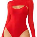 Avidlove Sexy Bodysuits for Women Turtle Neck Double Lined Bodysuit Mesh Trendy Tops Slimming Bodysuit Outfit Red M