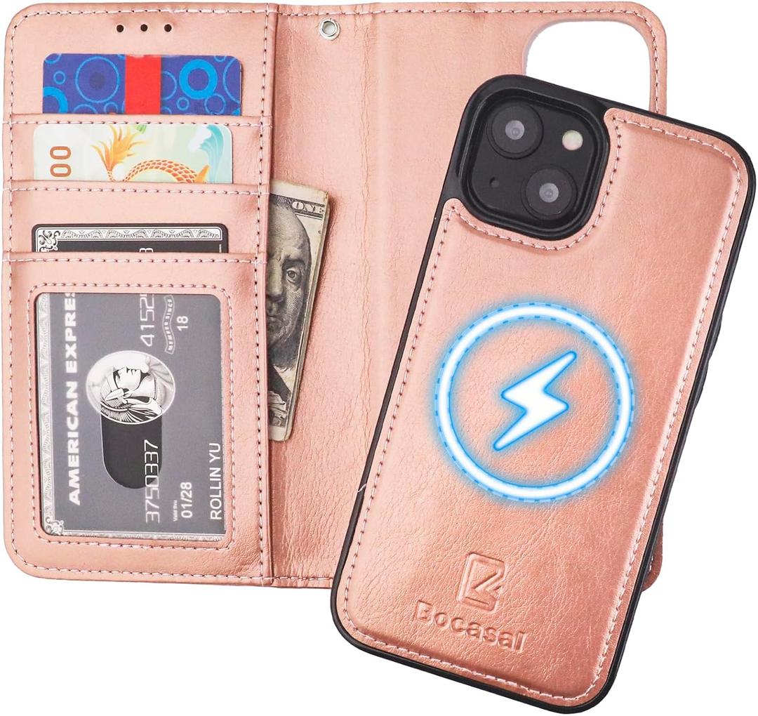 Bocasal for iPhone 14 Wallet Case Compatible with MagSafe Wireless Charging, RFID Blocking Magnetic Leather Case with Card Slots Holder Kickstand Detachable Wrist Strap 6.1 Inch (Rose Gold) (Rose Gold for MagSafe)