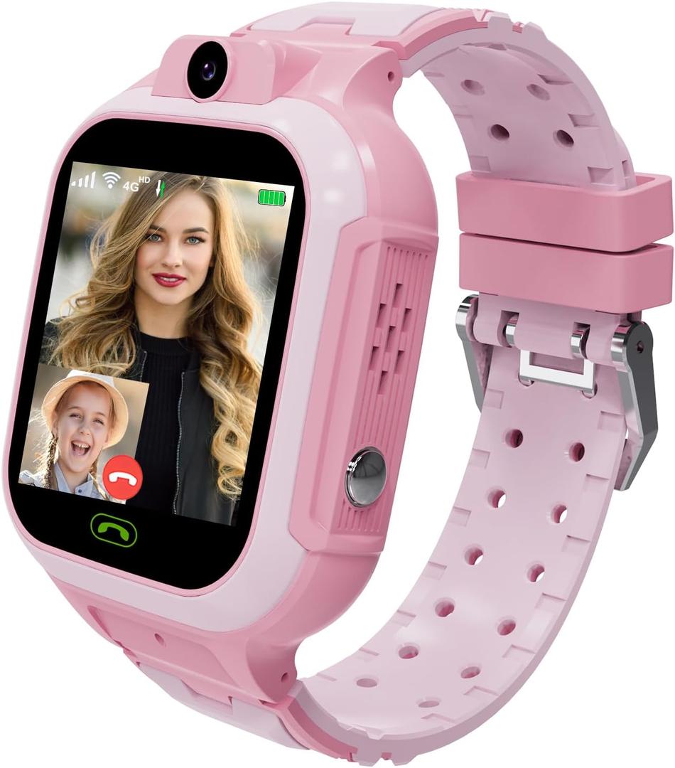 4G Kids Smart Watch GPS Tracker  Smartwatch with Two Way Call Video Calling Voice Chat SOS Class Mode Stopwatch Pedometer Games WiFi Touch Screen Alarm Clock Smartwatches for Boys Girl (Pink)