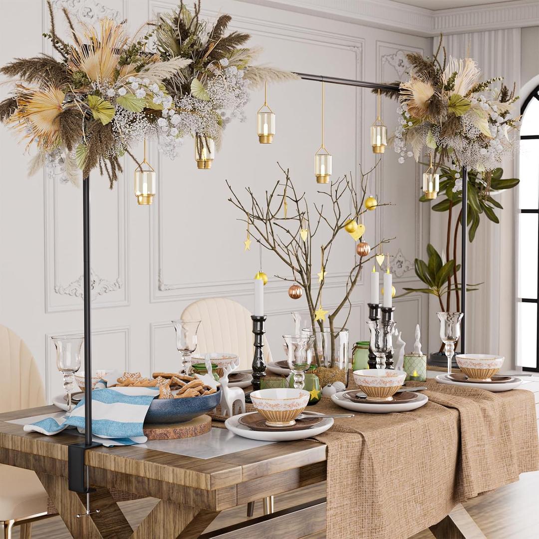 Over The Table Rod Stand with Clamps, Adjustable 32''-79'' Tall 32"-131" Length, Black Table Arch Stand Metal Balloon Frame Hanging Rod for Weddings Birthdays Party Garden Arbors Decoration