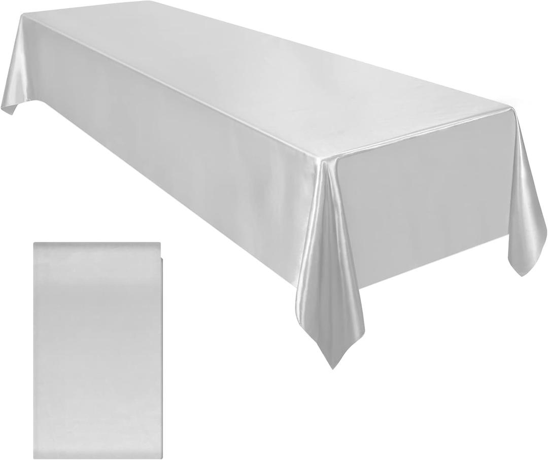 Ruisita Satin Party Tablecloth Table Cover 58 x 102 Inches Wedding Rectangle Bright Silk Tablecloth Table Cover Smooth Fabric Tablecloth Table Decor for Wedding Banquet Table Decoration, Silver