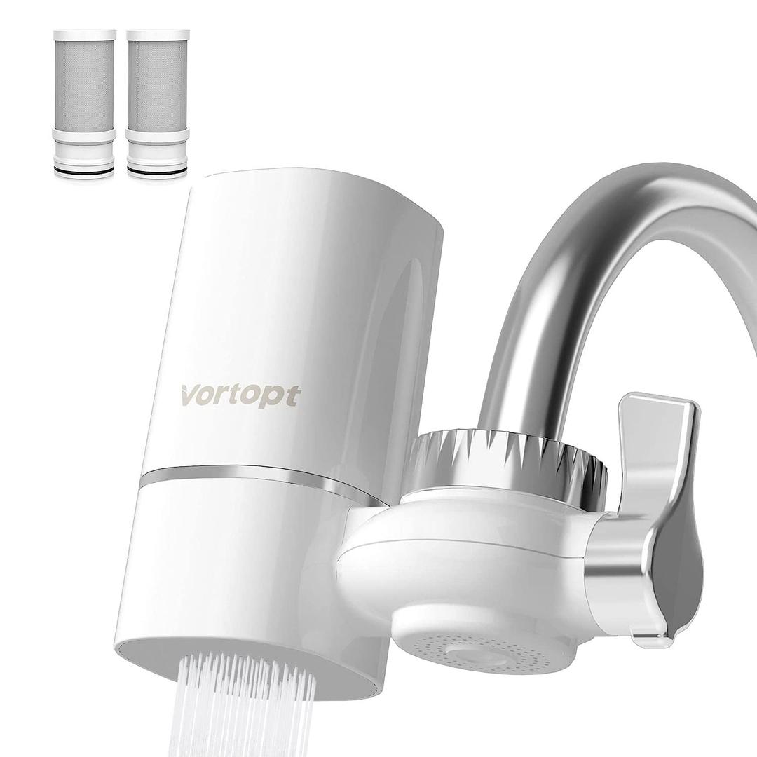 Faucet Water Filter for Sink, Rapid Flow - 400 Gallons Faucet Mount Water Filtration System for Tap Water, NSF Certified Reduces Chlorine & Bad Taste with 2 Replacements, T1 (White-T1-2 Filter)