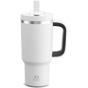 32 oz Tumbler with Handle and Straw: Stainless Steel Insulated Tumbler Keeps Cold for 24 Hours, Leakproof Travel Cup Fits in Cup Holder and BPA-Free, Polar White