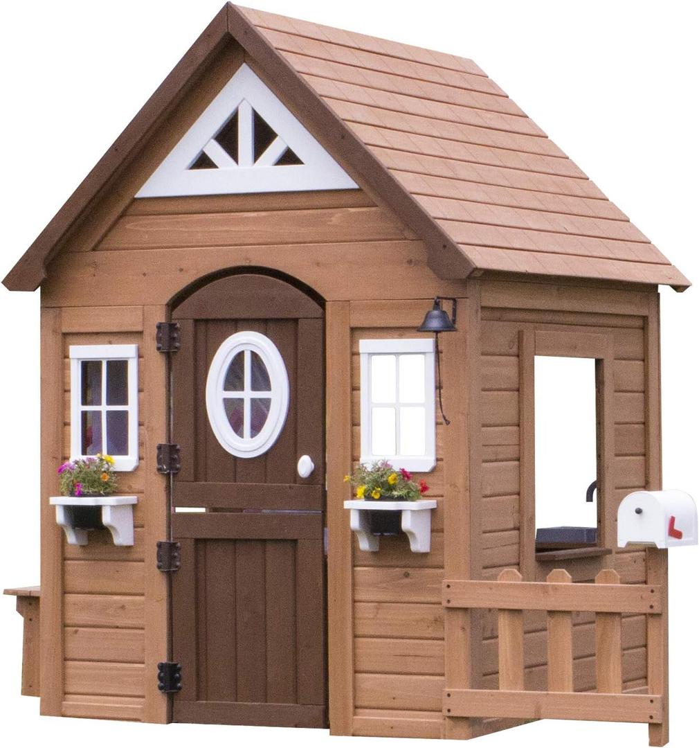 Backyard Discovery Aspen Cedar Wooden Kids Playhouse Cottage with Play Kitchen, Snack Bar, Picnic Bench, Dinner Bell, Mailbox, Dutch Door, Flowerpot Holders, Toy Lights, Country Style for Outdoor Play, Large