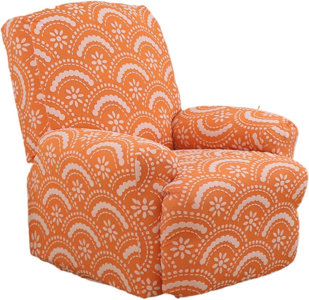 Recliner Slipcovers 4-Pieces Stretch Jacquard Recliner Cover with Printed Pattern Thickened Soft Reclining Chair Slipcover Furniture Protector for Kids Pets Orange