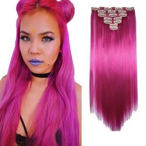 iLUU 22" 100g Straight Synthetic Hairpiece #8D Shocking Pink Color Hair Extension Clip in 7Pcs Full Head 16 Clips ins on Hair Extensions Hairpieces Wig for Women Party Cosplay