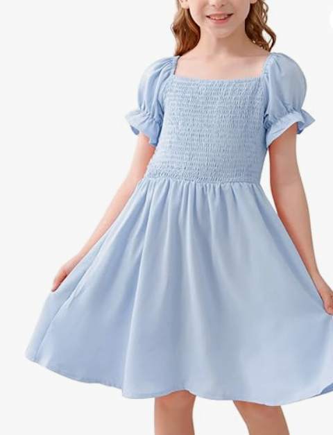 GORLYA Girls Puff Sleeve Square Neck Boho Frilly Smocked Shirred Flared Midi Dress 4-14T