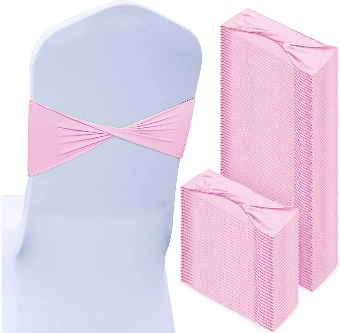 Kinlop 150 Pcs Spandex Chair Sashes Bows Stretch Chair Cover Bands Elastic Ties Bands Slider Sashes Without Buckle Decorations for Wedding Party Events Ceremony Birthday(Pink)