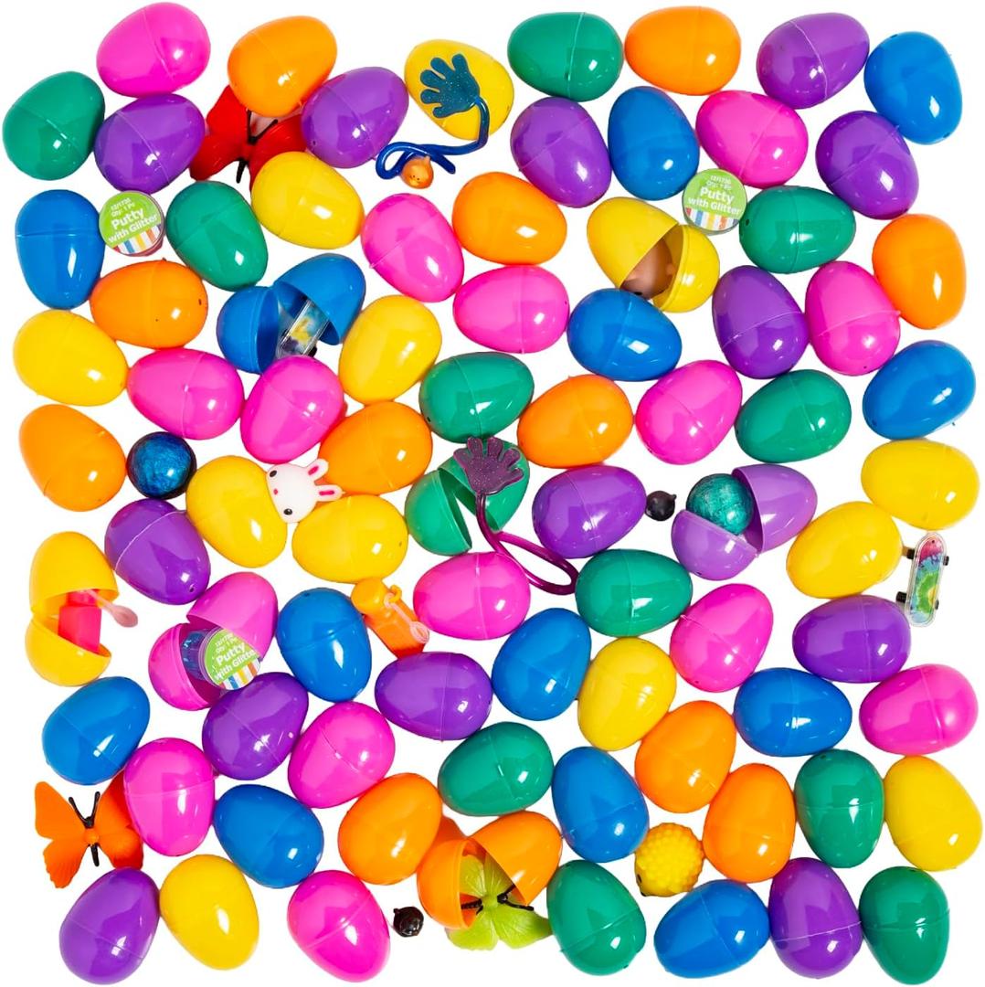 Fun Express 100 Pc. Bulk Toy-Filled Plastic Eggs - Mega Value Variety Pack for Kids Prizes, Party Giveaways, Classroom Rewards, and Summer Event Goodie Bags
