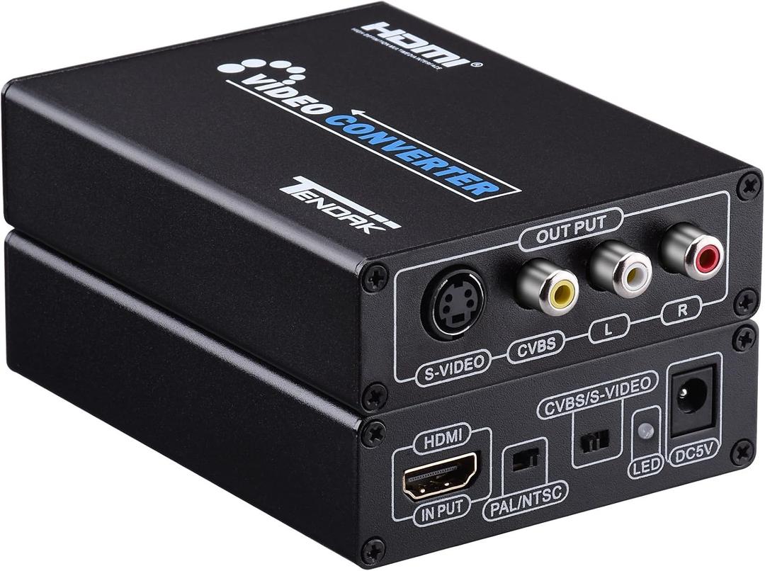 Tendak HDMI to Composite 3RCA AV S-Video R/L Audio Video Converter Adapter Upscaler Support 720P/1080P with RCA/S-Video Cable for PC Laptop Xbox PS3 TV STB VHS VCR Camera Blue-Ray DVD