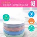 Elk and Friends Kids 7.8 Porcelain White Plates with Silicone Sleeves | Suitable for Babies/Toddlers | Microwave & Dishwasher Safe | Non Slip Dinnerware | Snack Dishes | 4 Pack (Blush/Lilac/Sage/MistyBlue)