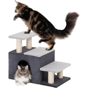 3-in-1 Pet Stairs for Cats, Dog Steps for Small Doggie,7.8'' Depth Cat Stairs, Indoor Cat Steps for High Bed for Pet's Joints, Soft Plush, 1 Big Cat Condo Cave, Sisal Scratching Posts, Grey, Large