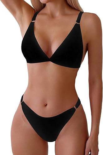 ZAFUL Women's 2 Piece Floral Print Swimsuit Triangle String High Cut Bikini Sets Bathing Suit(2- Black, M)
