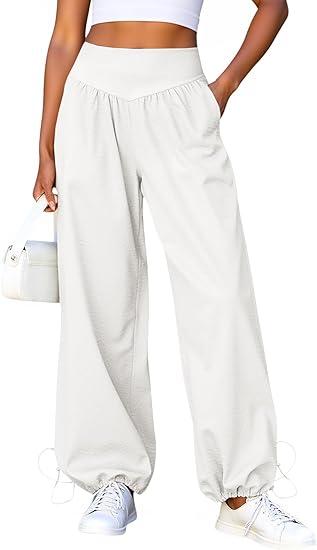 Fisoew Womens Wide Leg Pants Casual High Waist Baggy Track Pants Loose Fit Drawstring Cuffs Lounge Pant with Pockets White M
