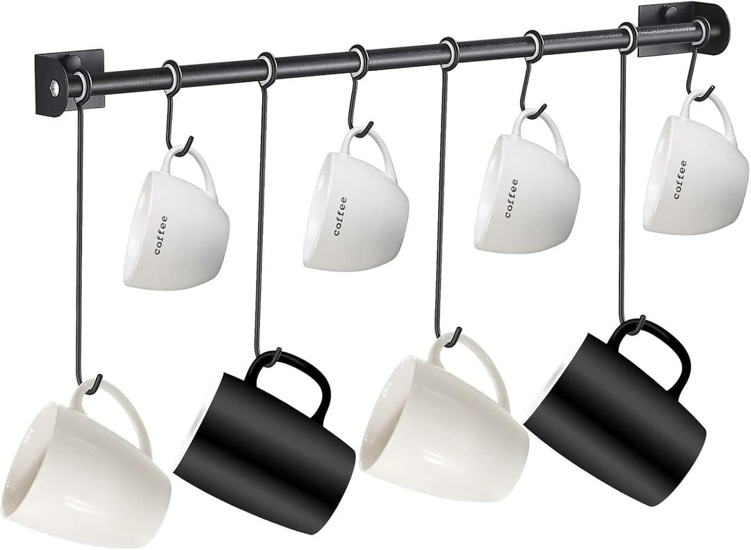 Coffee Mug Rack Wall Mounted Modern Hanging Tea Cup Holder Metal 15.7 Inch Rail with 8 Utensil Hooks Rustic Storage Hanger for Cafe Bar Dining Corner Nook Matte Black