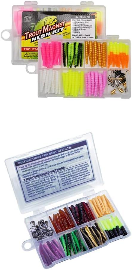 Trout Magnet 82 Piece Neon Fishing Kit, Catches All Types of Fish, includes 70 Grub Bodies and 12 Si & 85 Piece Panfish Magnet Kit, with A Longer Shad Dart Hook, includes 70 Split Tail Grub