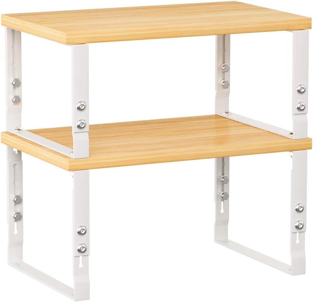 Cabinet Organizer Shelf, Spice Rack, Adjustable height, Stackable and Nesting Shelves,Metal and solid wood, For multiple scenarios in the kitchen, office or closet (White)