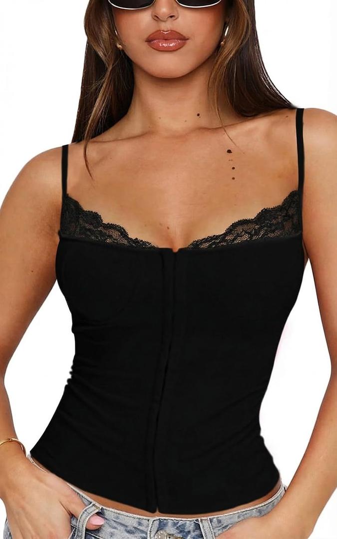 Womens Slim Fit Sleeveless Lace Trim Tank Top Cami for Date Night, Small