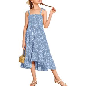 Girls Summer Dress Kids Sleeveless Tie Strap Boho Beach Midi Dress Smocked Ruffle Flowy Sundresses (9-10 Years, Blue)