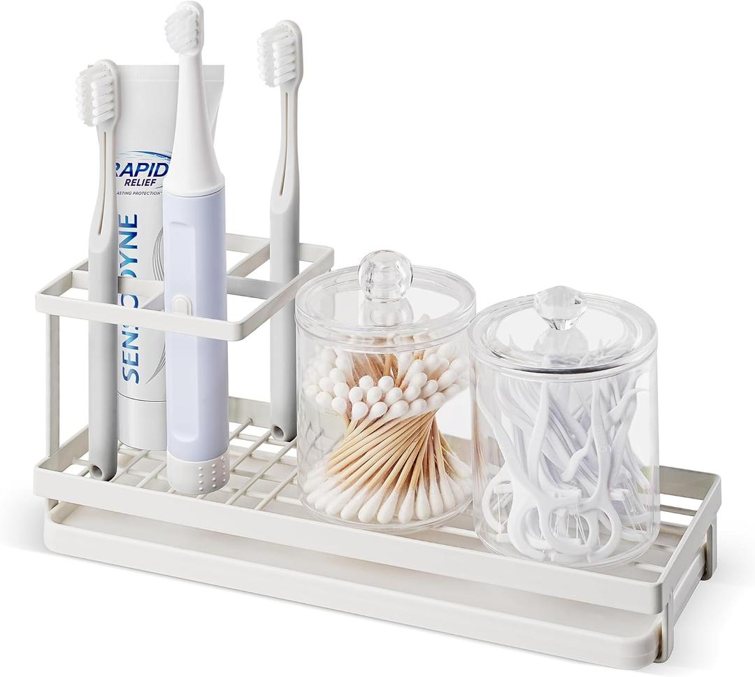 MYITYARD Toothbrush Holders for Bathrooms, 4 Slots Rustproof Metal Tooth Brushing Organizer with Drainage, Electric Tooth Brush Toothpaste Holder for Bathroom Countertop, White