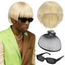 1 Set Rapper Halloween Costume Accessories Include Wig and Sunglasses, Blonde Bob Wig Short Straight Haircut Rectangle Glasses, Halloween Singer Costume Accessories Kit for Adult Cosplay Party