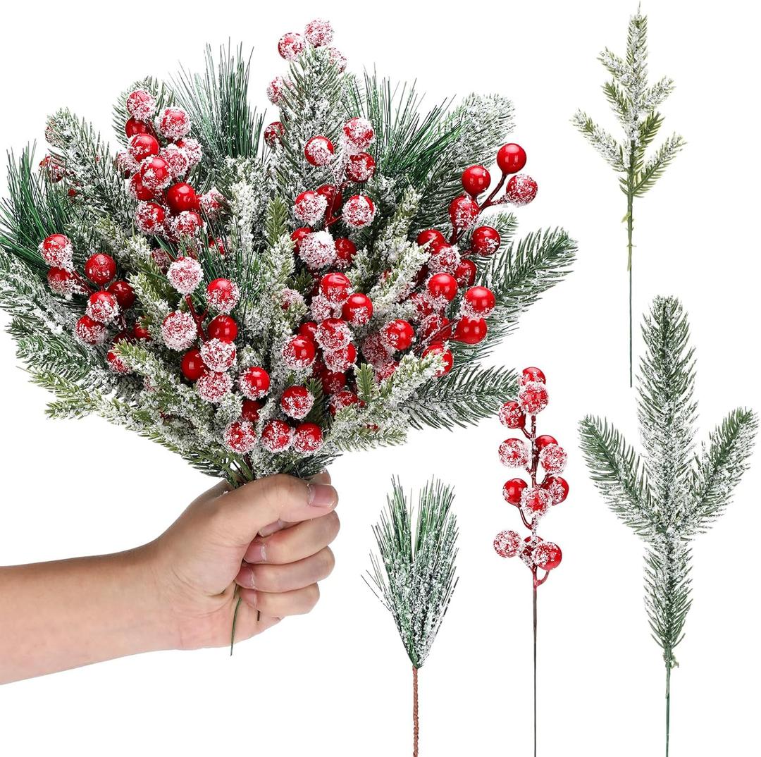 Lyrow 80 Pieces Christmas Snowy Pine Tree Picks Artificial Berry Stems Sprays Faux Cedar Pine Needles Branches for Holiday Arrangement Wreath DIY Garland Holiday Decor Winter Greenery (Red)