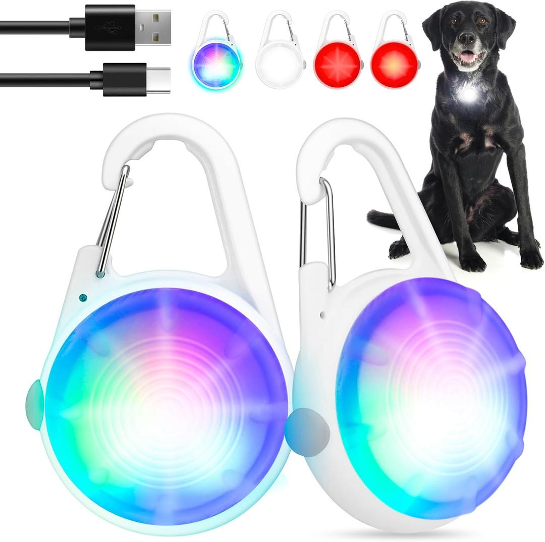 2Pack Dog Lights for Night Walking Dog Collar Light Clip on Glow in The Dark with 4Modes & RGB Color for Camping (White)