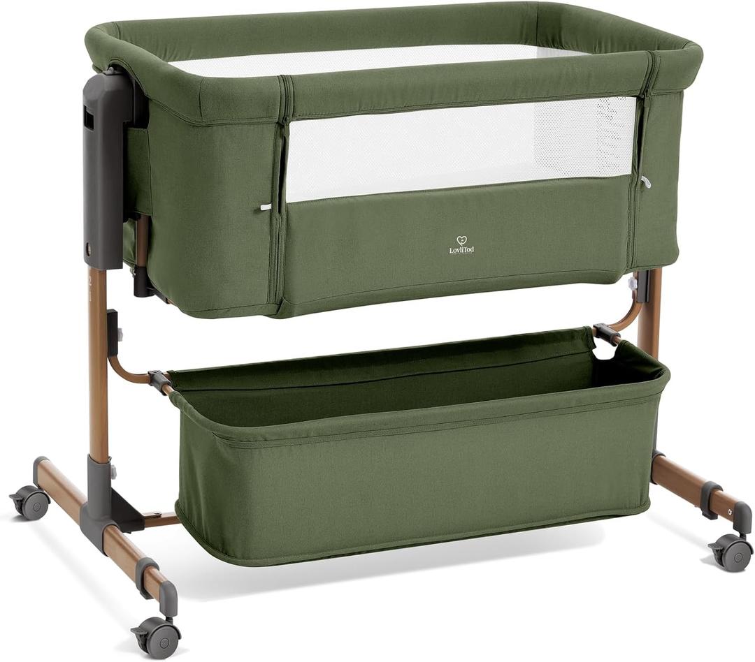 3 in 1 Baby Bassinet, Rocking Bassinet, Bedside Bassinet, 6-Height Adjustable, Bassinet Bedside Sleeper, Bedside Bassient for Baby with Comfy Mattress, Breathable Mesh, Large Storage Basket (Dark Green)